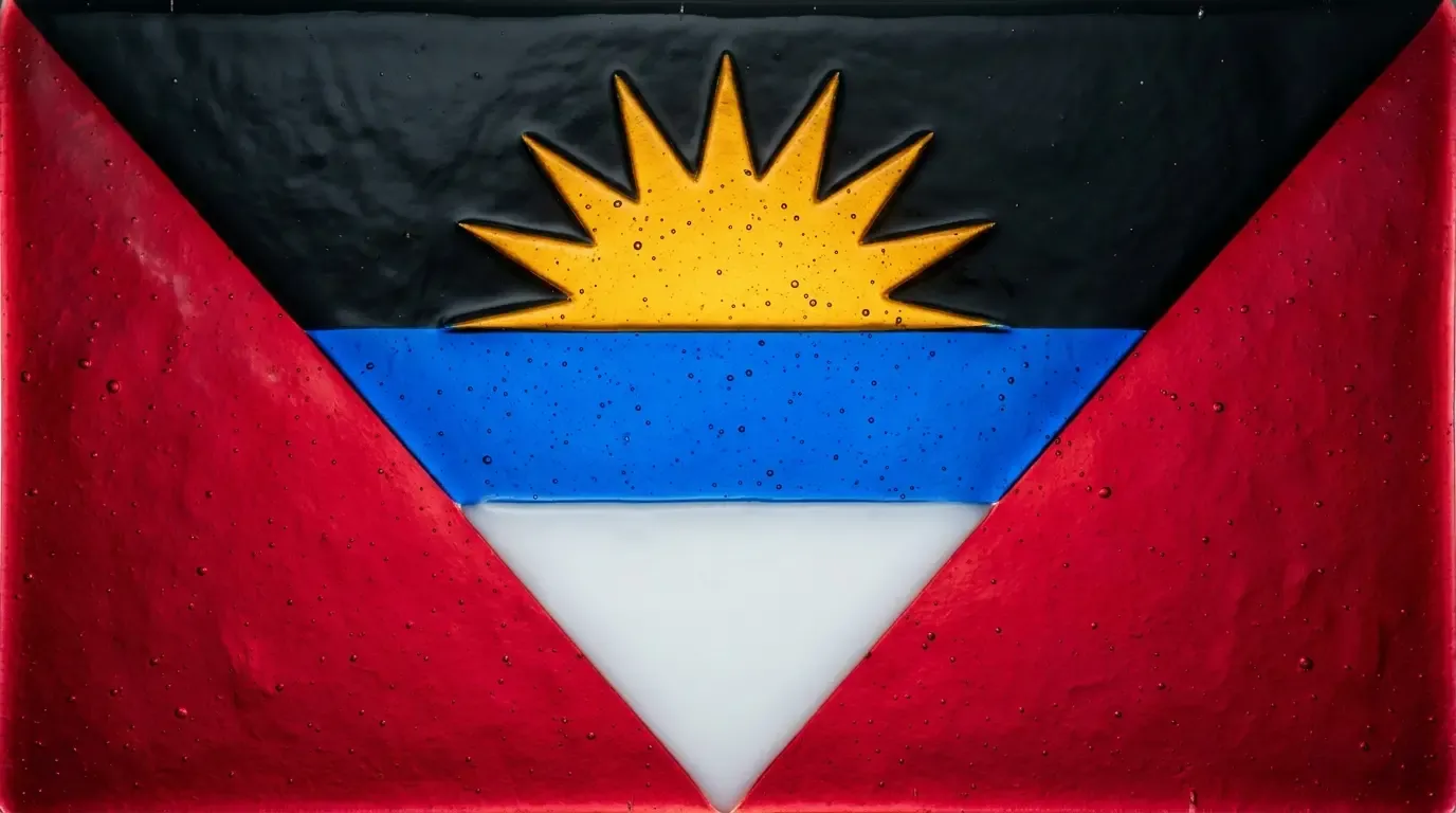Artistic fused glass panel with the flag of Antigua and Barbuda