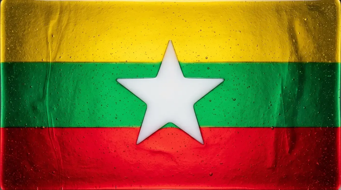 Artistic fused glass panel with the flag of Myanmar